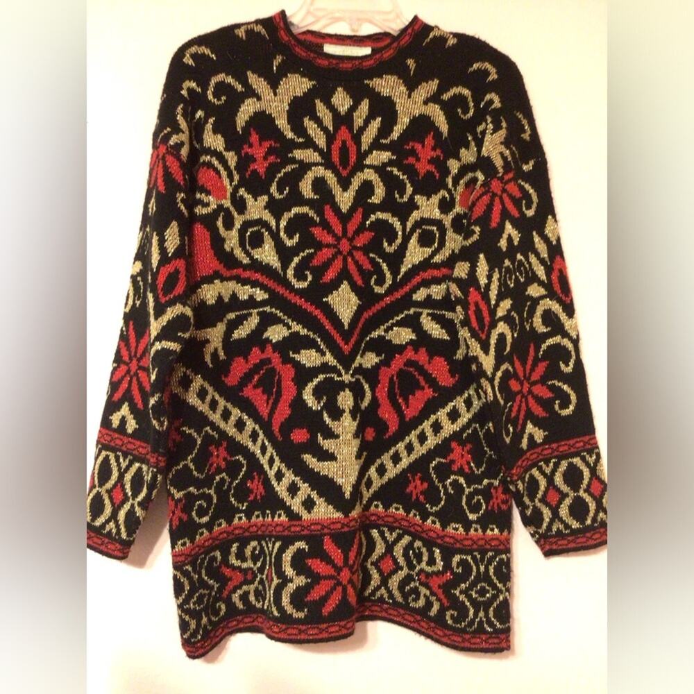 Vintage Dana Scott Christmas black red gold Oversized Sweater size small